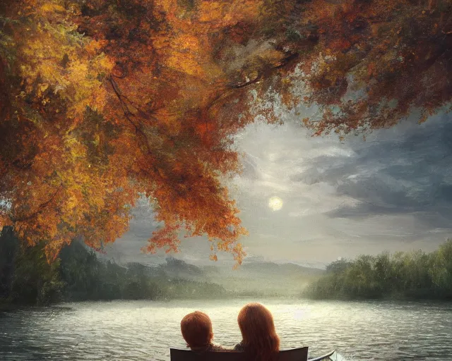 Prompt: a boy and a girl with long flowing auburn hair sitting together on the rowboat. Boy has black short hair, boy has black short hair. Atmospheric lighting, long shot, romantic, boy and girl are the focus, trees, river. Oil Painting, Trending on Artstation, octane render, Insanely Detailed, 8k, HD