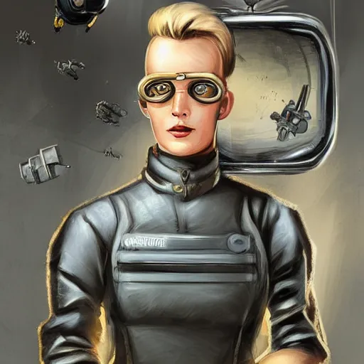 Prompt: character concept art of heroic square - jawed emotionless serious blonde butch woman mechanic, with dark brass victorian goggles, handsome, very short butch slicked - back hair, wearing flight suit, looking distracted, awkward, standing in front of small spacecraft, science fiction, by jon foster