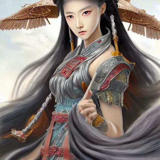 Image similar to dynamic composition, motion, ultra-detailed, incredibly detailed, a lot of details, amazing fine details and brush strokes, colorful and grayish palette, smooth, HD semirealistic anime CG concept art digital painting, watercolor oil painting of epic angel girl, from Three Kingdoms, by a Chinese artist at ArtStation, by Huang Guangjian, Fenghua Zhong, Ruan Jia, Xin Jin and Wei Chang. Realistic artwork of a Chinese videogame, gradients, gentle an harmonic grayish colors.