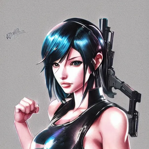 Image similar to concept art illustration of young japanese christina hendricks natalie portman as lara croft motoko kusanagi anime protagonist, wearing tokyo harajuke street fashion combat warrior fantasy bikini, intricate, elegant, art by artgerm and rosstran, masamune shirow
