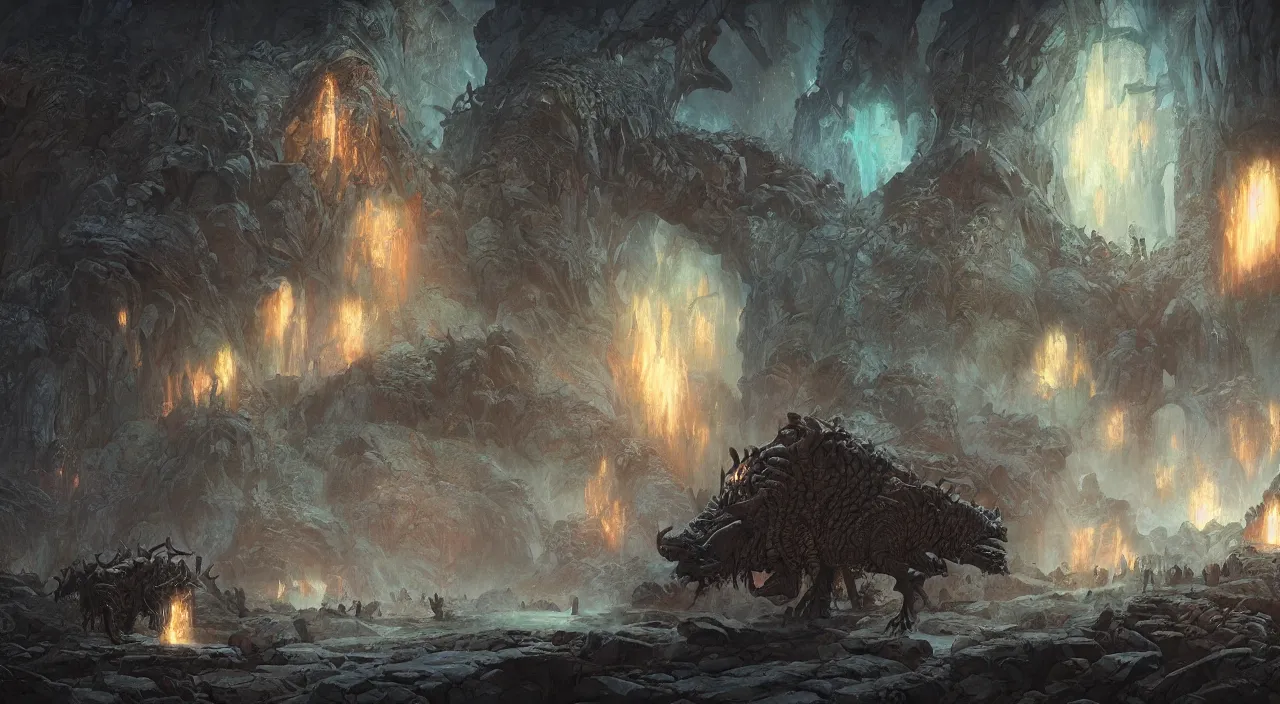 Image similar to technicolor prehistoric beasts, glowing with magic, surrounded by slate grey walls, insane details, dramatic lighting, fantasy art, concept art, greg rutkowski, james gurney, johannes voss, hasui kawase.