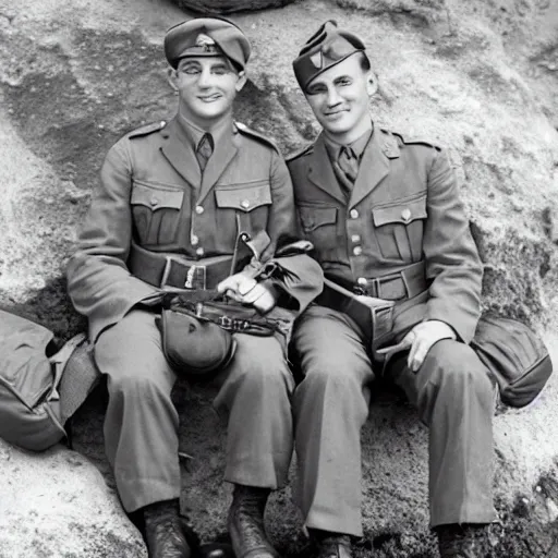 Image similar to a professional photograph of two handsome young wwii soldiers finding love in the bunkers