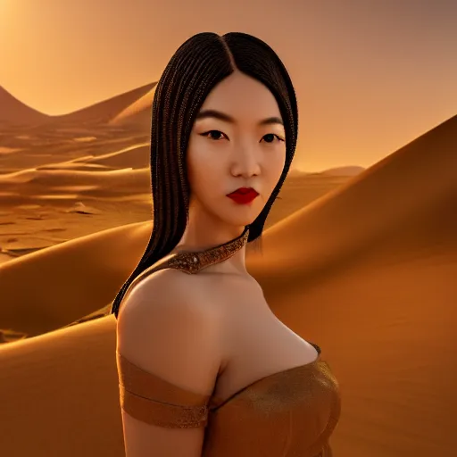 Image similar to innovative avant-garde art, deco fashion, asian women, highly detailed, photorealistic portrait, serene desert setting, golden hour, crisp quality and light reflections, unreal engine 5 quality render