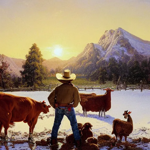 Image similar to an extremely detailed matte painting of a rancher feeding the animals at sunrise, tall rancher wearing a cowboy hat, dogs, cows, sheep, chickens, ducks, 4 k, ranch the morning after a light snowfall, by bob ross and norman rockwell and albert bierstadt