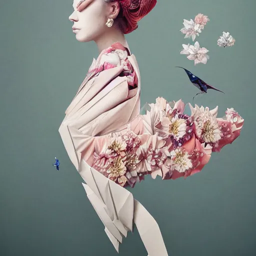 Prompt: 3 / 4 view of a beautiful girl wearing an origami dress, eye - level medium shot, fine floral ornaments in cloth and hair, hummingbirds, elegant, by eiko ishioka, givenchy, tran nguyen, by peter mohrbacher, centered, fresh colors, origami, fashion, detailed illustration, vogue, high depth of field, japanese, reallusion character creator