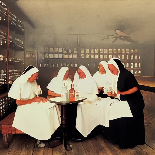 Image similar to a group of nuns enjoying themselves at a dive tavern, low light, Smokey haze above, whiskey bottles, by Norman Rockwell