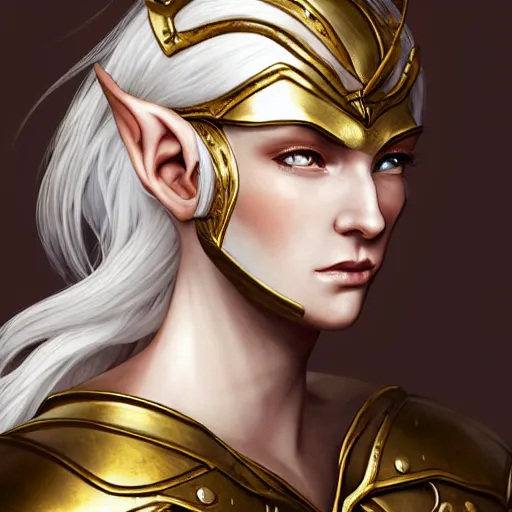Image similar to side portrait!!! of a female elven warrior, fantasy, head tilted down, white hair, gold armour, gold jewelry, white skin, detailed face!!!!!, trending on artstation, gsociety, D&D, elegant, symmetrical facial features, highly detailed, sophisticated, hyperrealistic, detailed illustration, smooth, sharp focus, upper body, intricate, rule of thirds, holy glow, backlit, hd 4k by Greg Rutkowski, Charlie Bowater, Karol Bak