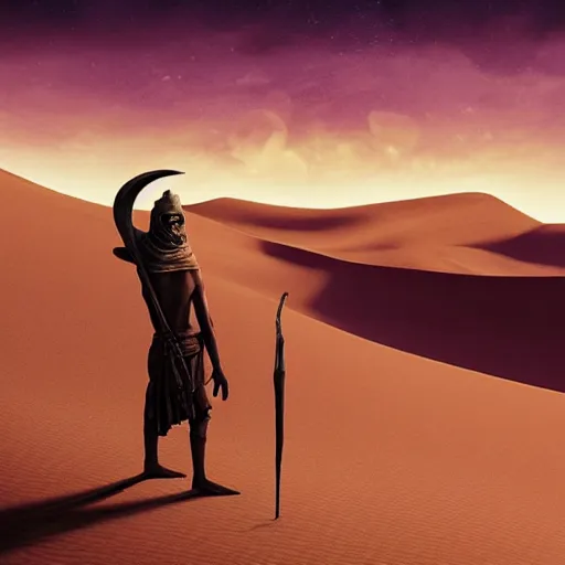 Prompt: man wearing tan turban in the desert Tusken Raider Dune (2021) Witch-king of Angmar. Desert twilight purple sunset beautiful art by Roger Deakins Jeremy Saulnier Newton Thomas Sigel Robert Elswit Greig Fraser trending rtx on ue5