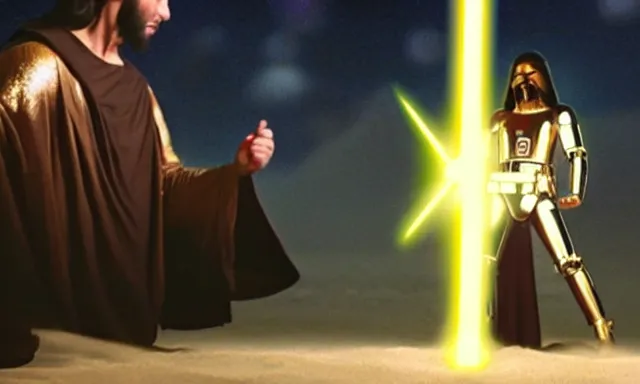 Prompt: full shot photograph of super jesus christ fighting in star wars, using a cross - shaped gold lightsaber, photorealistic, cinematic lighting, extremely detailed, star wars