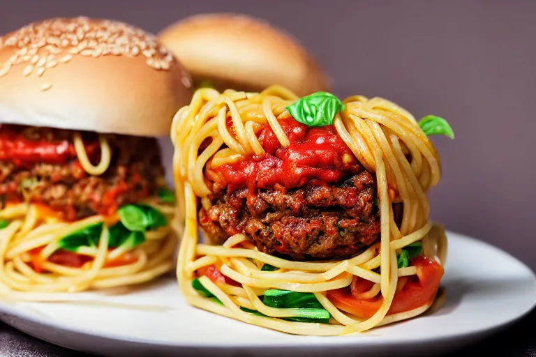 Image similar to spaghetti burger, commercial photography
