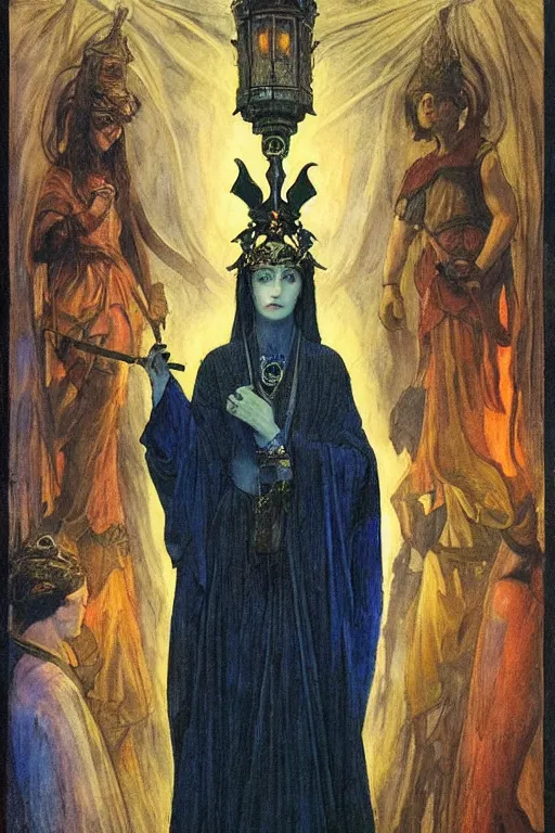 Prompt: queen of the underworld with her lantern, by Annie Swynnerton and Nicholas Roerich and jean delville, dramatic cinematic lighting , ornate headdress , flowing robes, sacred artifacts, lost civilizations, smooth, sharp focus, extremely detailed