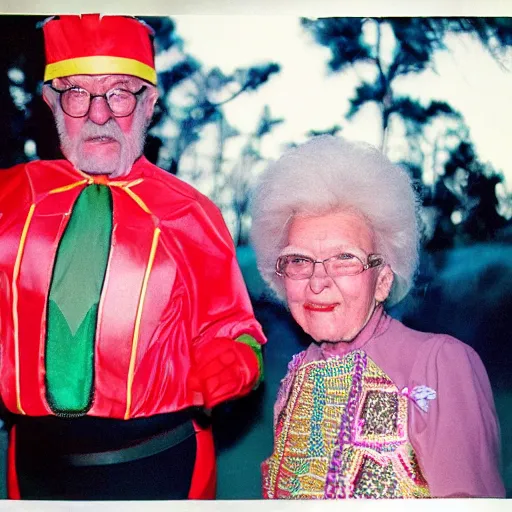 Prompt: a couple of grandparents of 1 0 0 years old wearing knight iron costume and dancing, kodachrome, backlight, add a glow around subj. edge, in twin peaks, 1 9 9 0 s