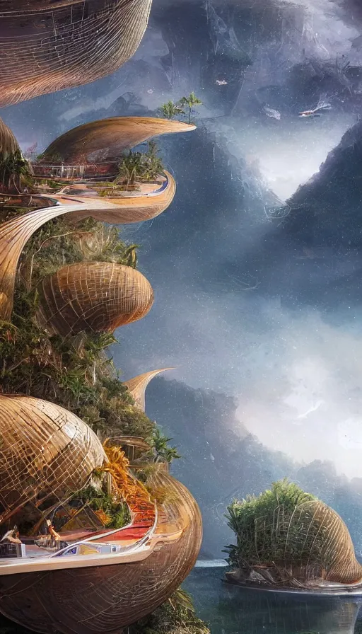 Image similar to beautiful portrait of bamboo living pods shaped like a sea shell built on the side of a cliff, the time machine, spaceship by john berkey, panoramic view, ssci - fi, futuristic valley, rendered in octane, zbrush, rendered in cinema 4 d, art by artgerm, artwork by alex grey and brian froud and esao andrews and david hardy