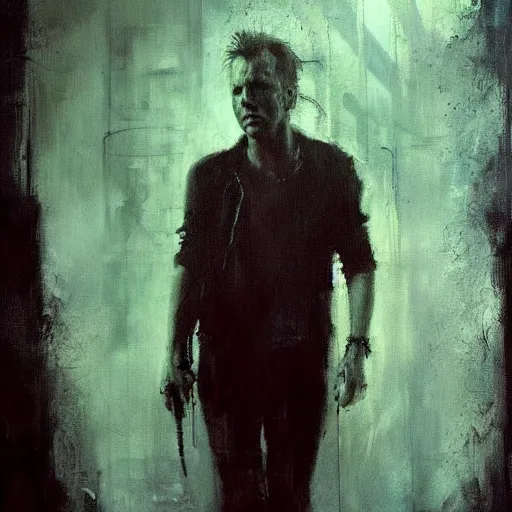 Image similar to kiefer sutherland in the lost boys painted by jeremy mann