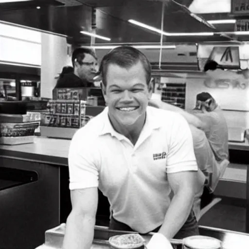 Image similar to matt damon working at mcdonald ’ s in 1 9 7 0 s