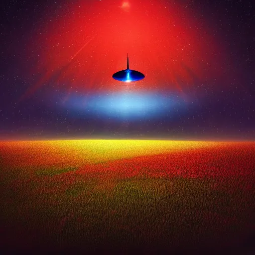 Prompt: digital art painting of a UFO glowing with red green and blue lights above an empty corn field at night, mysterious, sci fi, alien, extraterrestrial, trending on artstation cgsociety,