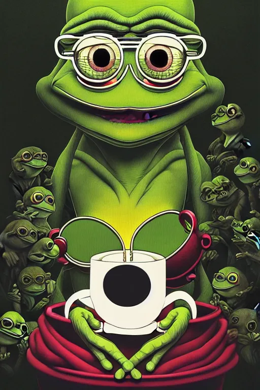 Image similar to pepe the frog drinking coffee, dynamic lighting, rotary symmetrical, 8 0 0 mm, unreal, depth detailed, by bambang nurdianshyah, garis edelweiss, roby dwi antono and ayami kojima, takato yamamoto, barclay shaw, karol bak, yukito kishiro, norman rockwell.