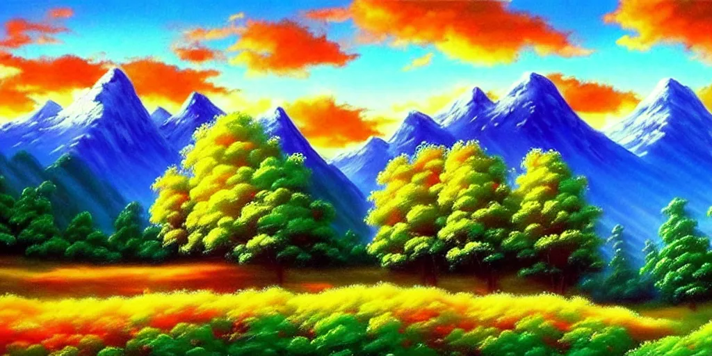 Prompt: a beautiful fantasy landscape art, orange clouds in the blue sky and green trees, snowy mountains, art by bob ross