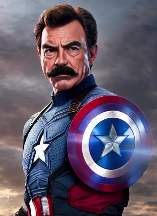 Prompt: film still of tom selleck as captain america in avengers endgame, 4 k