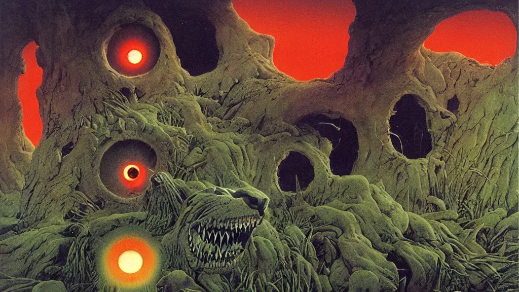 Image similar to kittens with glowing eyes and large fangs and sharp teeth burst out of the ground to destroy the humans by roger dean and zdzislaw beksinski and bogdan rezunenko.