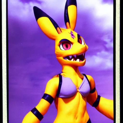 Prompt: 90s vignette photo of female Renamon from Digimon, wearing short denim shorts, standing next to a popular 90s car Polaroid picture, weathered artifacts