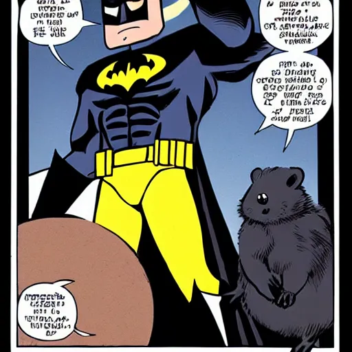 Image similar to Batman holding a hamster in his hand, moonlight, comic book style