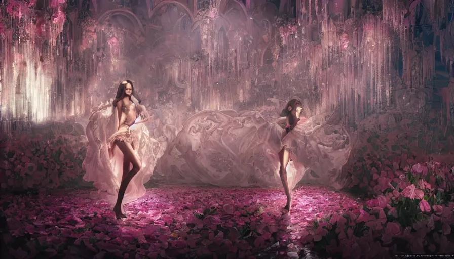 Image similar to victoria secret runway show, light, shadows, reflections, flowers, epic composition, intricate, elegant, volumetric lighting, digital painting, highly detailed, artstation, sharp focus, illustration, concept art, ruan jia, steve mccurry, artgerm, greg rutkowski, mina petrovic, timothy kong, marina federovna, masterpiece, iconic