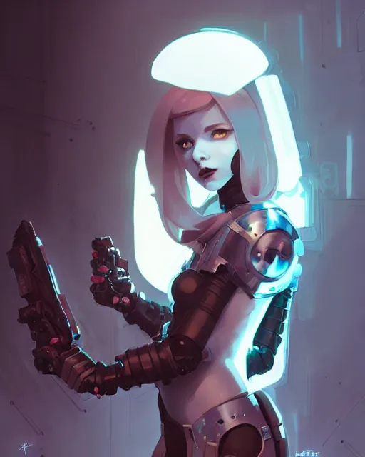 Image similar to portrait of cute goth girl in cyber armor, warhammer, by atey ghailan, by greg rutkowski, by greg tocchini, by james gilleard, by joe fenton, by kaethe butcher, dynamic lighting, gradient light blue, brown, blonde cream and white color scheme, grunge aesthetic