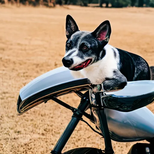 Image similar to blue heeler dog on a motorcycle, 8 k photography, blurred background of a wafflehouse