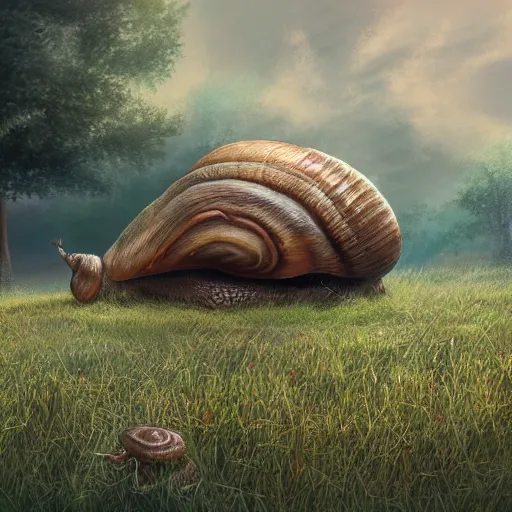 Prompt: a giant snail creeping on the grassland,artstation,very detailed