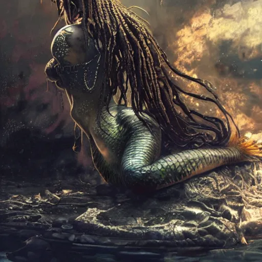 Image similar to a sad mermaid smothered in motor oil and thrash, ultra realistic, concept art, intricate details, highly detailed, photorealistic, octane render, 8 k, unreal engine, art by frank frazetta, simon bisley, brom