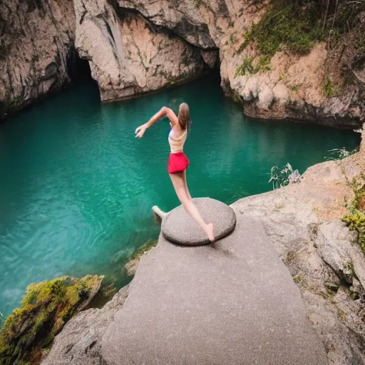 Image similar to woman stepping off a cliff onto a stepping stone in mid-air, photorealistic, 4k by Elsa Bleda