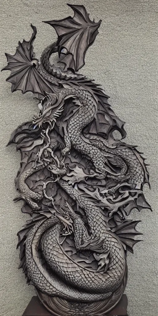 Image similar to Woodcarving of dragon with beautiful giant waves