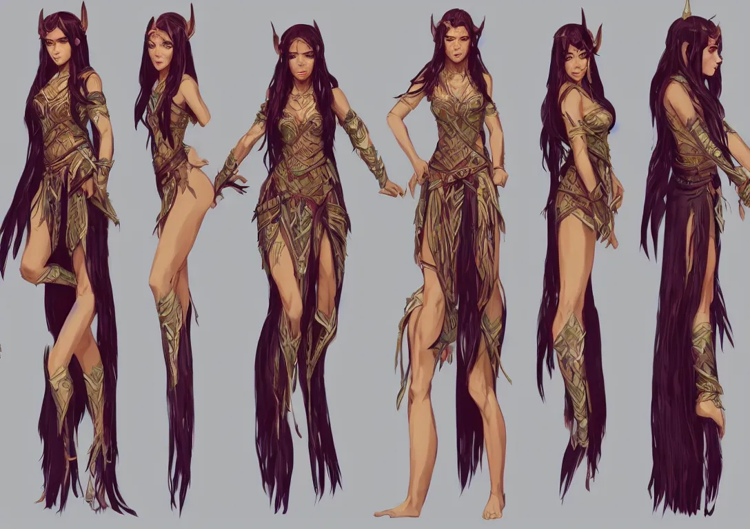 Prompt: half orc half elf woman, ginger extra very long hair, tropical mage dress with high slit, several layers of fabric, character concept art character sheet, by ilya kuvshinov, krenz cushart, Greg Rutkowski, trending on pixiv