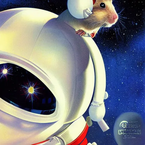 Prompt: hamster, wearing an cosmonaut helmet, russian cosmonaut, on the moon, art by artgerm and david a hardy