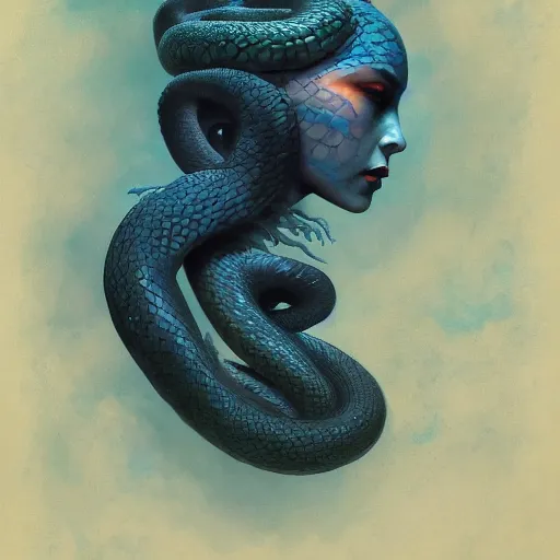 Prompt: queen of snakes, crown of snakes, blue skin, by Anato Finnstark, Tom Bagshaw, Brom
