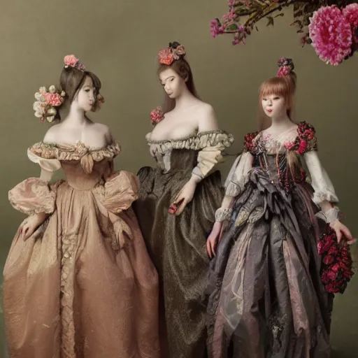 Image similar to 8k, octane render, realism, tonalism, rococo, renaissance, baroque, group of creepy young ladies wearing long harajuku manga dress with flowers and skulls, background chaotic flowers