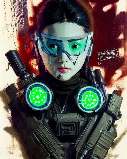 Prompt: detailed portrait neon female swat officer, cyberpunk futuristic, neon, futuristic face mask, reflective puffy coat, decorated with traditional japanese by ismail inceoglu dragan bibin hans thoma greg rutkowski alexandros pyromallis nekro rene margitte, fire & smoke, illustrated, perfect face, fine details, realistic shaded, fine - face, pretty face