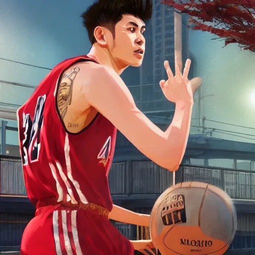 Image similar to highly detailed hanamichi sakuragi of slam dunk, in gta v, stephen bliss, unreal engine, fantasy art by greg rutkowski, loish, rhads, ferdinand knab, makoto shinkai and lois van baarle, ilya kuvshinov, rossdraws, tom bagshaw, global illumination, radiant light, detailed and intricate environment