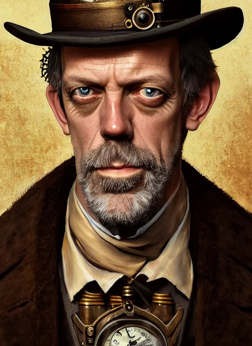 Prompt: steampunk portrait of hugh laurie, au naturel, hyper detailed, digital art, trending in artstation, cinematic lighting, studio quality, smooth render, unreal engine 5 rendered, octane rendered, art style by klimt and nixeu and ian sprigger and wlop and krenz cushart.