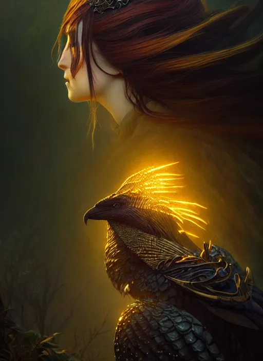 Image similar to side portrait dark crow, fantasy forest landscape, dragon scales, fantasy magic, dark golden light night, intricate, elegant, sharp focus, illustration, highly detailed, digital painting, concept art, matte, art by WLOP and Artgerm and Greg Rutkowski and Alphonse Mucha, masterpiece