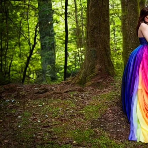 Image similar to picture of gemma arterton wearing a long rainbow wedding gown, sitting in a colorful forest