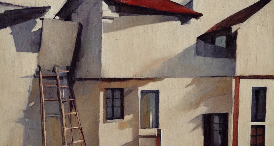 Image similar to a ladder leaning up against the side of a house, beautiful painting, oil on canvas, by ewa czarniecka, award winning masterpiece,