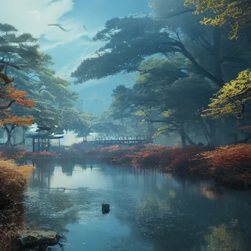 Image similar to japan, 8 k uhd, unreal engine, reflected chrome, octane render in the artstyle of greg rutkowski