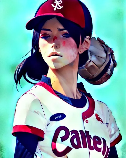 Image similar to a ultradetailed beautiful panting of a stylish girl in a baseball uniform, by conrad roset, greg rutkowski and makoto shinkai, trending on artstation