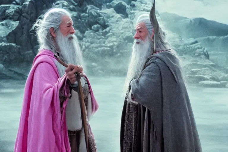 Image similar to portrait of Gandalf wearing pink Hello kitty costume, gentle smile, sunrise, movie still from Lord of the Rings, cinematic