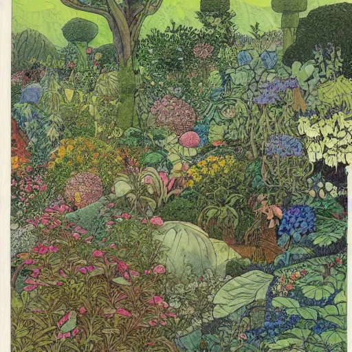 Prompt: an illustration of a beautiful garden, painted by moebius and james jean