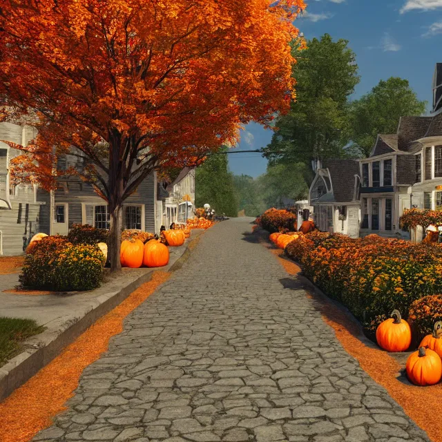 Prompt: small new england colonial city street with shops and pumpkins, maple trees with fall foliage, new hampshire mountain, stone walls, volumetric, realistic, cinematic lighting, ray tracing, unreal engine 5, octane render, hyper realistic, photo, 8 k