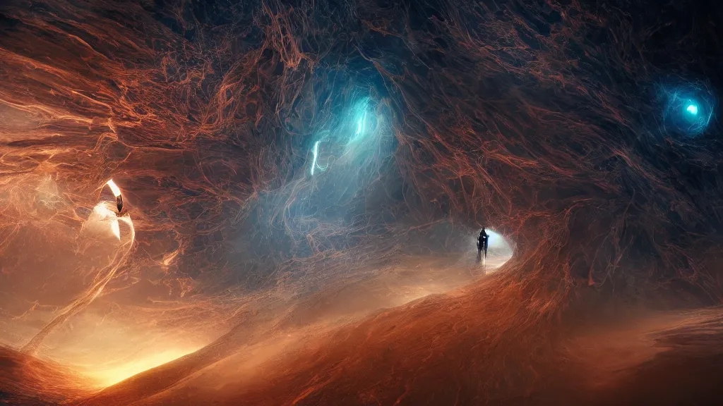 Image similar to journey to the end of space time, surrealism, abstract, epic grandiose, landscape, made in blender, ultra realistic, octane render hd 4 k, highly detailed, cinematic lighting, superb resolution
