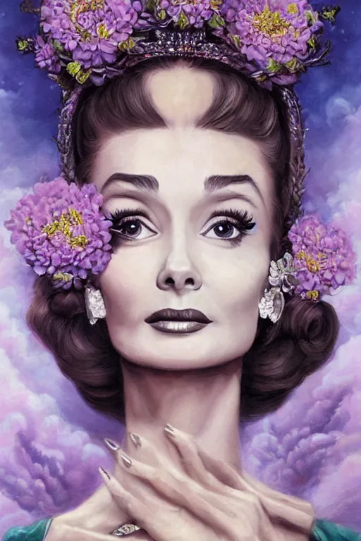 Image similar to closeup portrait fine art photo of the beauty audrey hepburn, she has a crown of stunning flowers and dress of purple satin and gemstones, symmetrical realistic eyes, background full of stormy clouds, by peter mohrbacher